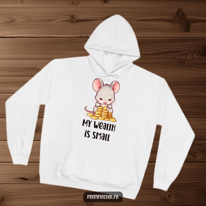 Funny hoodie featuring a shy mouse character taking stock of a small pile of coins, exuding a humorous and relatable cautious personality.