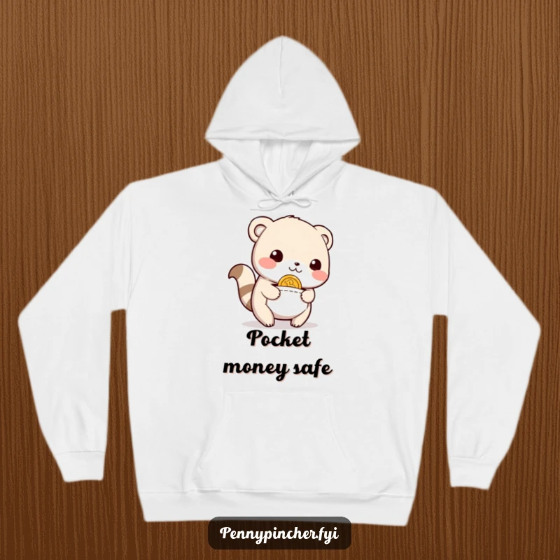 Funny Hoodie featuring a content animal character with eyes closed in relief, having found a coin in its pocket, embodying cozy happiness.