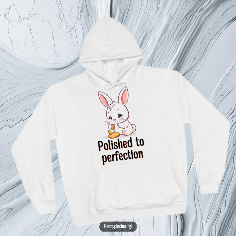 Funny hoodie depicting a determined rabbit character meticulously polishing a single shiny penny, radiating focus and a humorous drive for success.