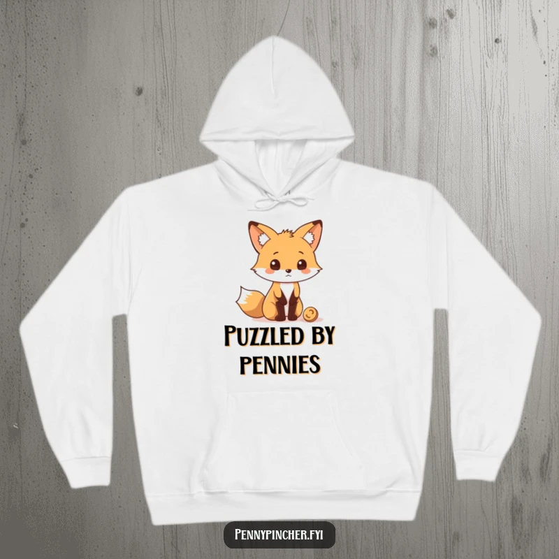 Funny Hoodie showcasing a thoughtful fox character curiously observing a single dropped coin, embodying intellect.