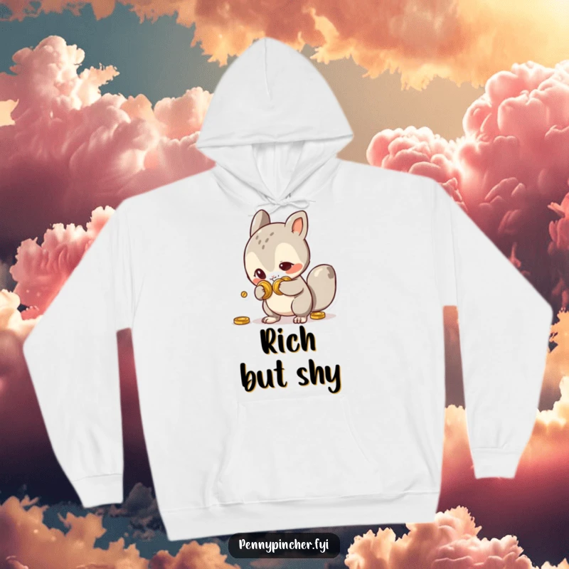 Funny Hoodie featuring a clever animal character with a mischievous glint, hiding a stash of coins behind its back, perfect for cold days.