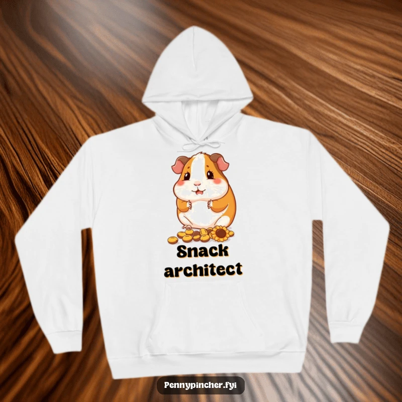 Funny guinea pig hoodie, a contented character arranging sunflower seeds, warm, neat, and humorous apparel.
