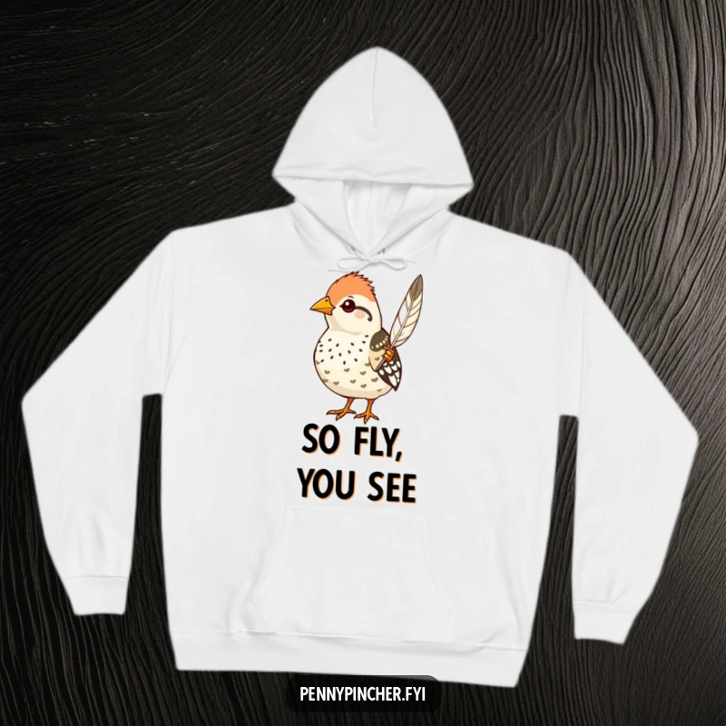 Funny quail hoodie, a proud character displaying a single perfect feather, warm, elegant, and humorous apparel.