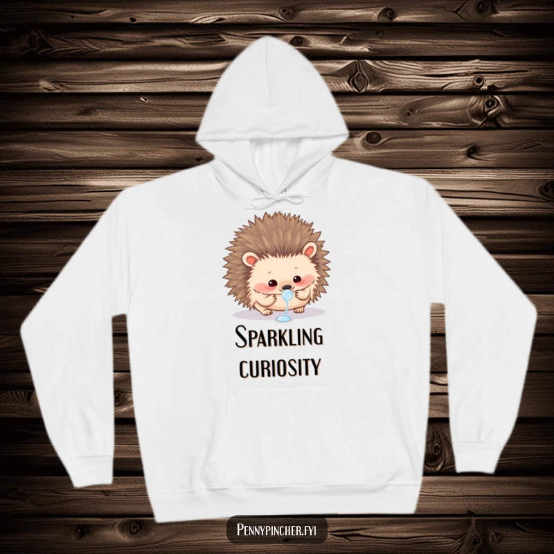 Funny hoodie showcasing a curious hedgehog carefully examining a single dewdrop, highlighting its delicate appreciation for nature.