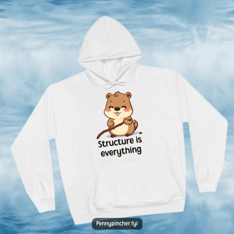 Funny hoodie featuring a smiling beaver character intently measuring a small twig, embodying the spirit of careful construction and warmth.