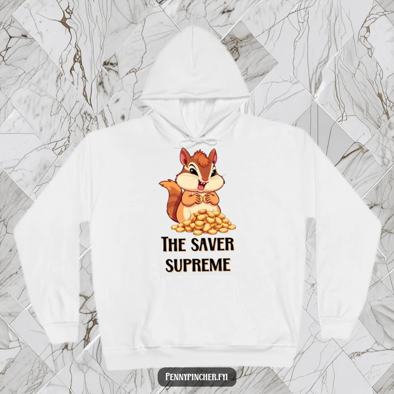 Funny determined chipmunk character hoodie, hoarding coins, offering cozy humor and a spirit of abundance.
