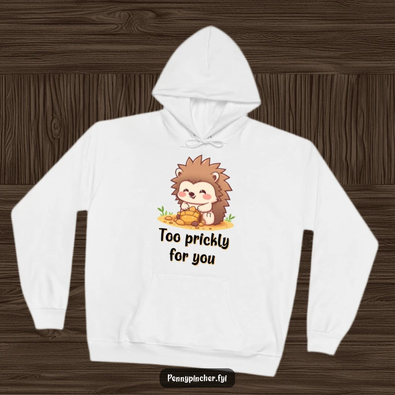 Funny Hedgehog Hoodie: A joyful hedgehog character stands guard over a sparkling pile of treasure, embodying ultimate contentment. Great funny gift!