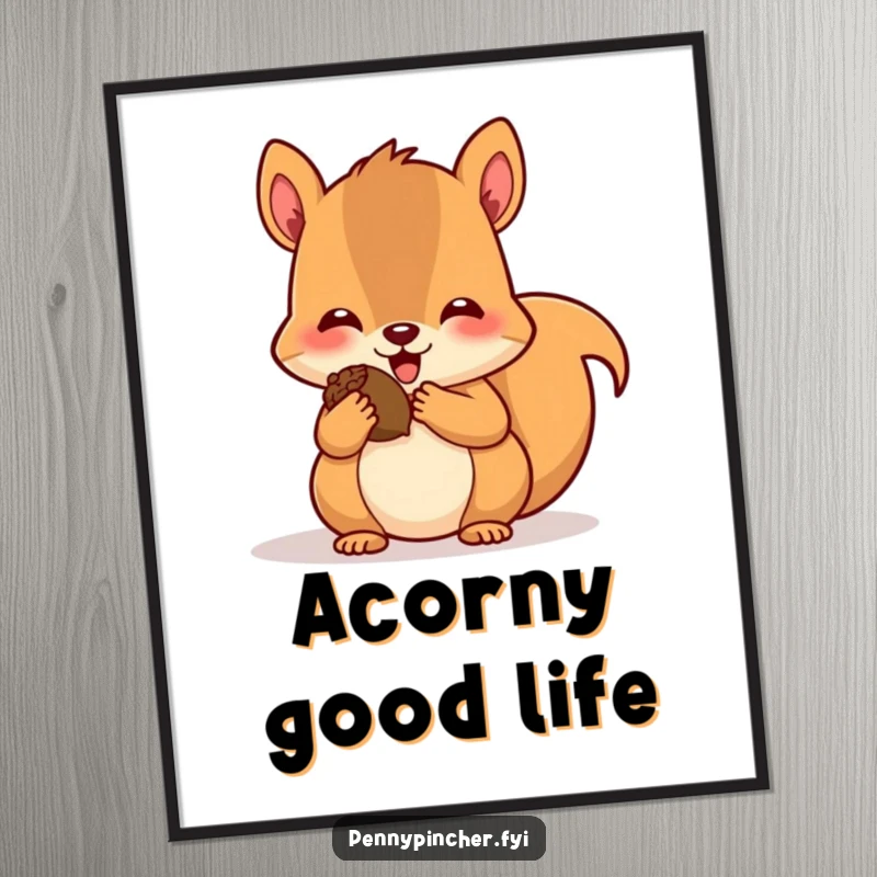Funny Free Printable Squirrel Wall Art: Adorable squirrel with cheeks full of acorns, exuding pure joy, a downloadable piece.