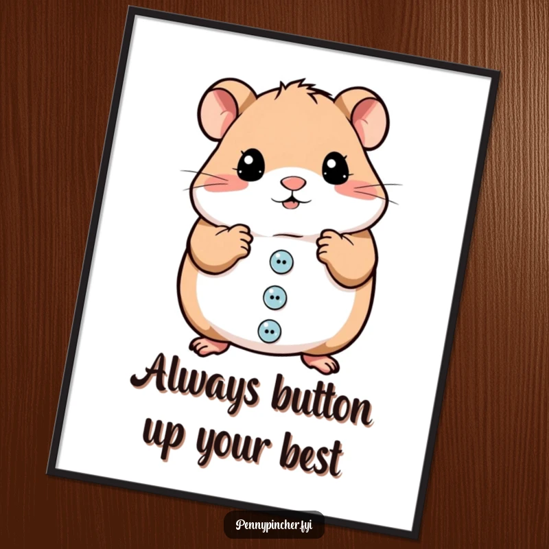 Funny Free Printable Wall Art of a hamster character intensely organizing a large pile of shiny buttons with great focus.