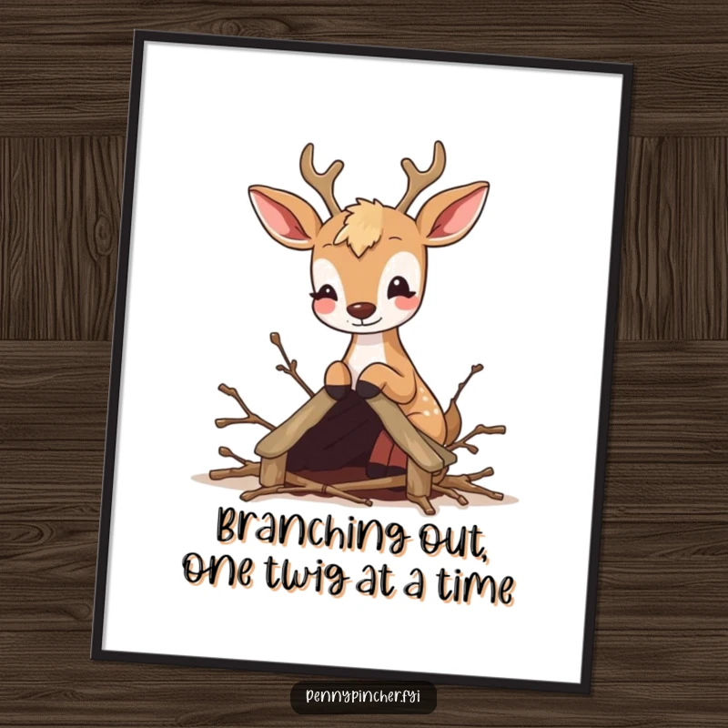 Funny Free Printable Wall Art: A bouncy deer meticulously crafting a tiny shelter from twigs, bringing humor to any room decor.