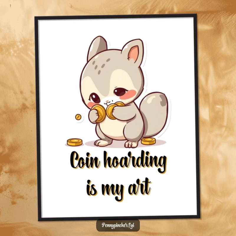 Funny Free Printable Wall Art: Mischievous animal character slyly hiding coins behind its back, a humorous downloadable piece for quirky decor.