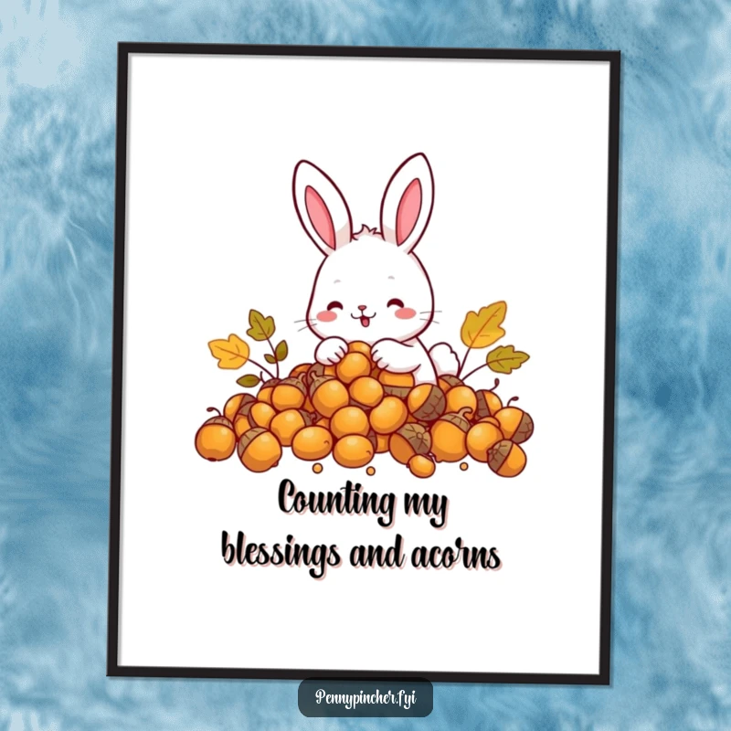 Funny Free Printable Wall Art showing a happy rabbit character joyfully counting a big pile of golden acorns, a whimsical illustration.