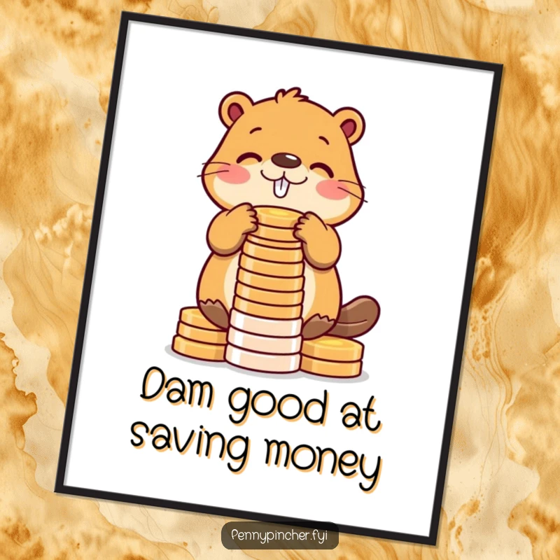 Funny Free Printable Wall Art: Beaver constructs a high tower of shiny coins, representing ambition and success.
