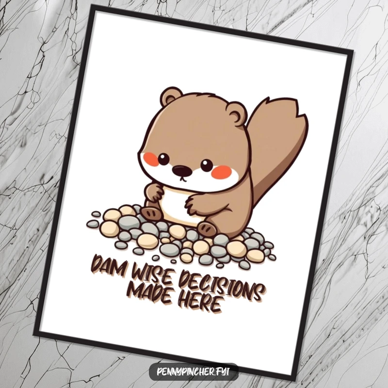 Funny Free Printable Wall Art: Kawaii beaver obsessively organizing tiny pebbles with a serious, humorous expression, ready to hang.