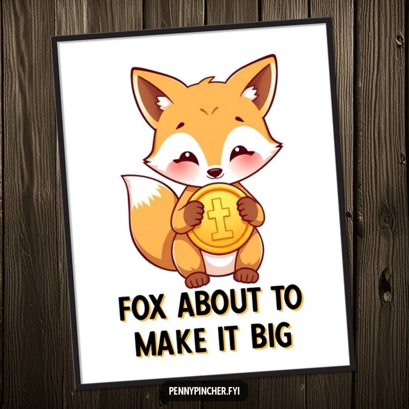 Funny Free Printable Fox Wall Art: Proud fox polishing a shiny gold coin, symbolizing wealth and success.