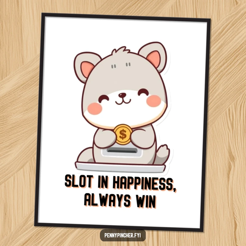 Funny Free Printable Wall Art: A smiling animal character inserts a coin into a slot, bringing luck.