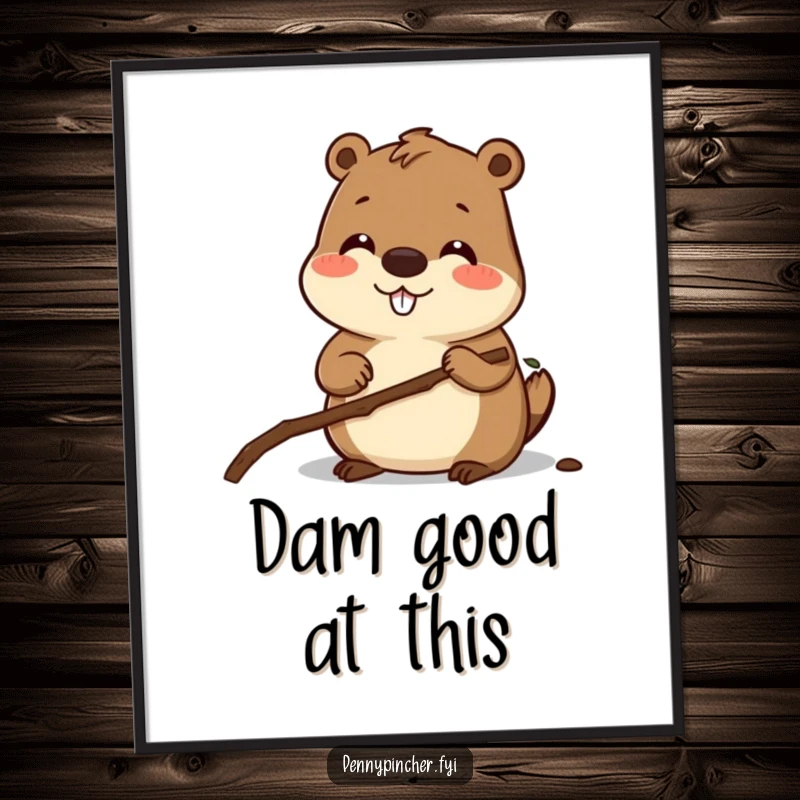 Funny Free Printable Beaver Wall Art: Smiling beaver focused on measuring a twig, symbolizing diligence and DIY, a downloadable piece.