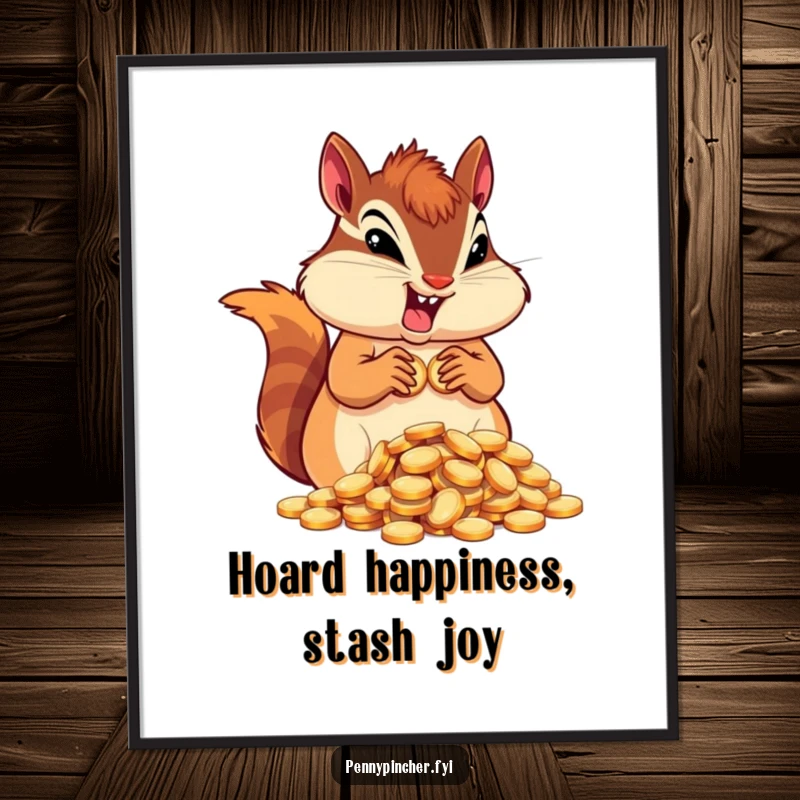 Funny Free Printable Wall Art: A determined chipmunk guarding a large hoard of coins, exuding a humorous sense of preparedness and abundance.