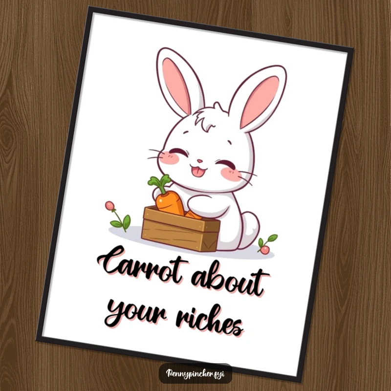 Funny Free Printable Rabbit Wall Art: Giggling rabbit guarding a tiny treasure chest with a carrot, a whimsical downloadable art piece.
