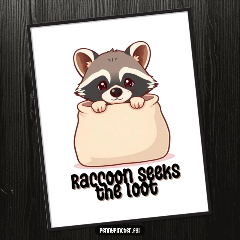 Funny Free Printable Raccoon Wall Art: Cautious raccoon peering into a large, empty money bag, a humorous statement.