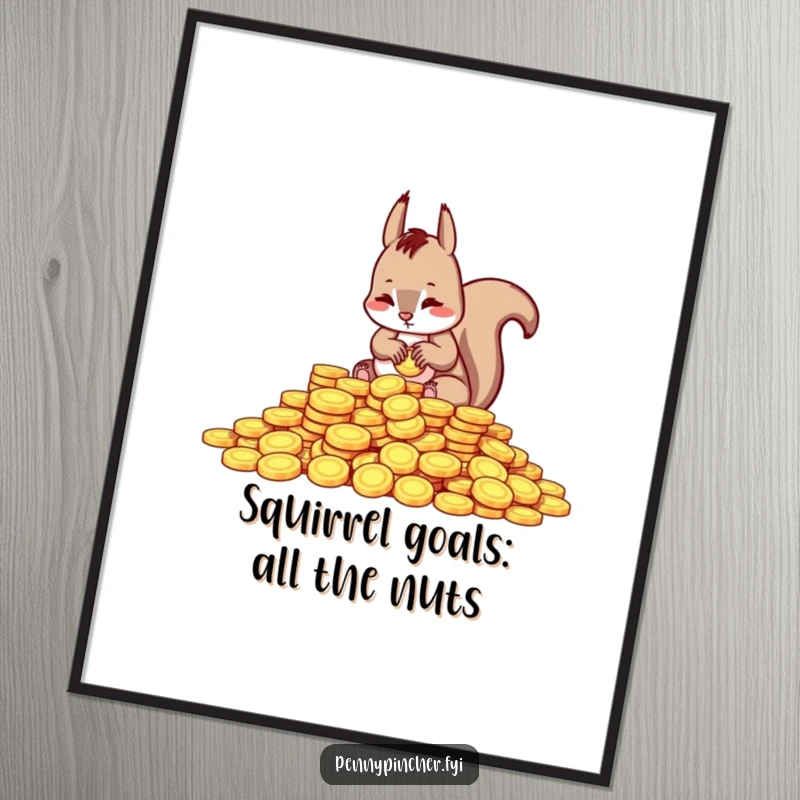 Funny Free Printable Wall Art shows a squirrel intensely counting a large pile of shiny metallic coins with meticulous focus.