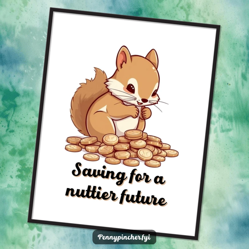 Funny free printable wall art: A determined squirrel meticulously counting shiny pennies, a humorous take on finance.