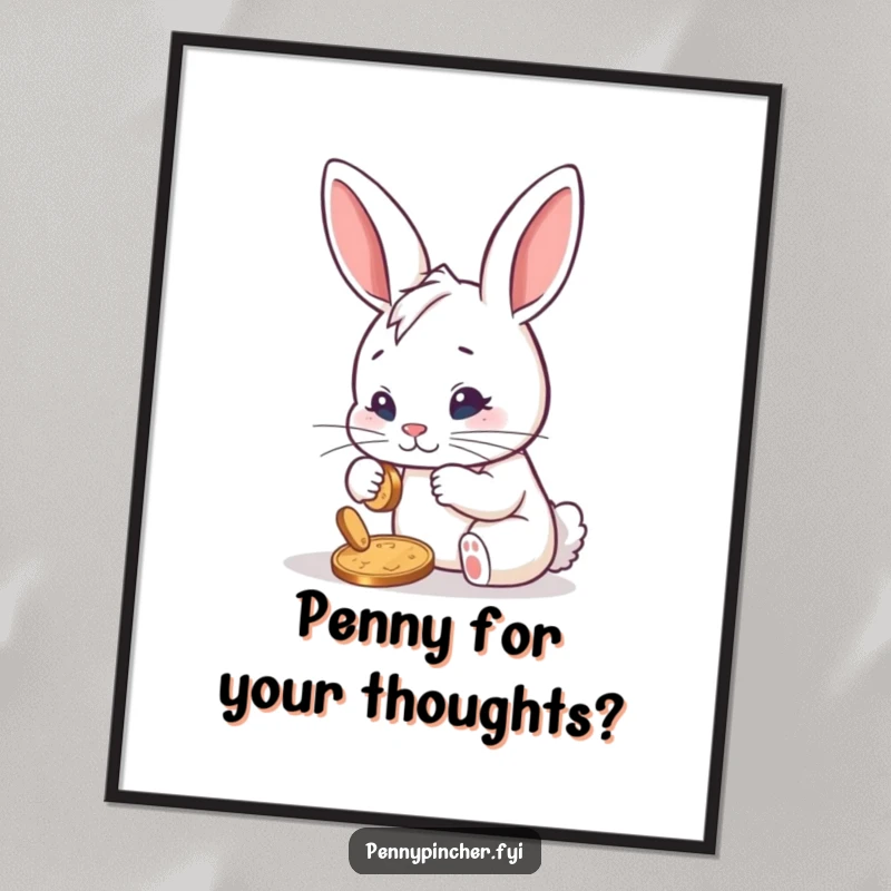 Funny Free Printable Wall Art: Determined rabbit meticulously polishing a single shiny penny, humorous downloadable decor