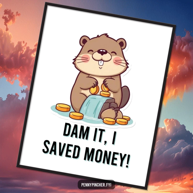 Funny Free Printable Wall Art: Ambitious beaver character proudly building a dam constructed entirely out of shiny gold coins.