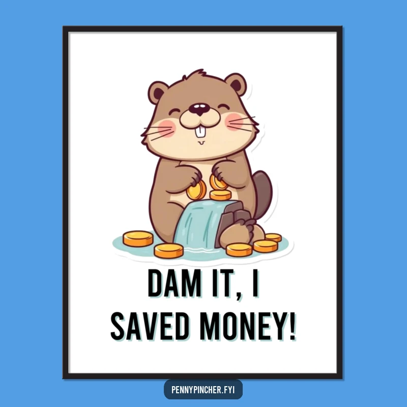 Free Printable Wall Art: Funny Beaver Building Coin Dam - Hilarious Downloadable Art for Your Space