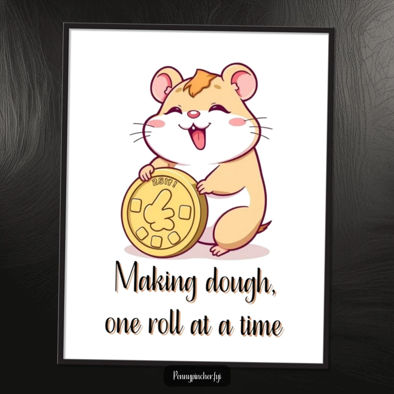 Funny Free Printable Wall Art: A cheerful hamster happily rolling an oversized coin, radiating pure joy and good fortune.