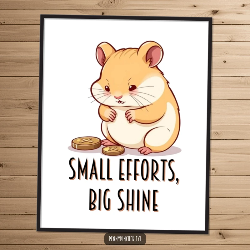 Funny Free Printable Wall Art: A determined hamster is shown carefully polishing a tiny penny until it gleams.