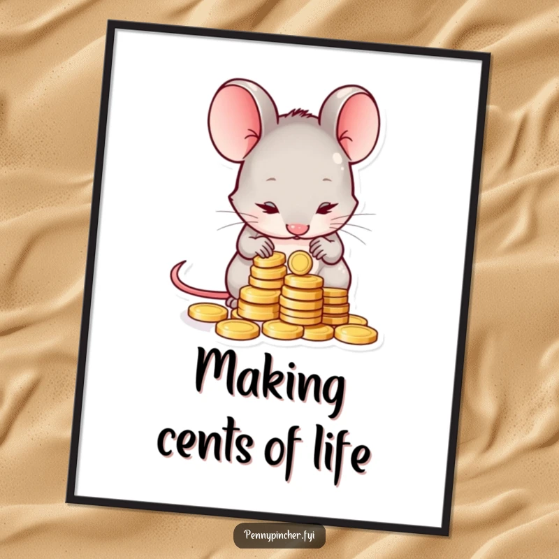 Funny Free Printable Wall Art: Shy mouse nervously counting a small stack of coins, humorous downloadable decor