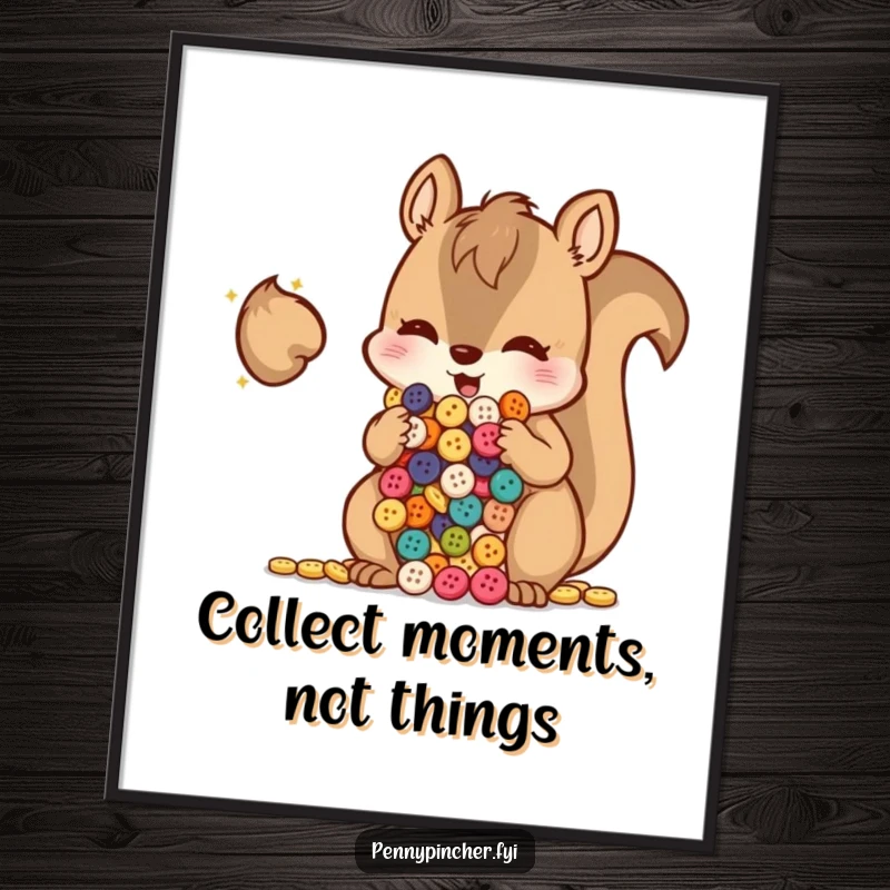 Funny Free Printable Wall Art: A mischievous squirrel is shown hoarding a large pile of shiny buttons in its cheeks.