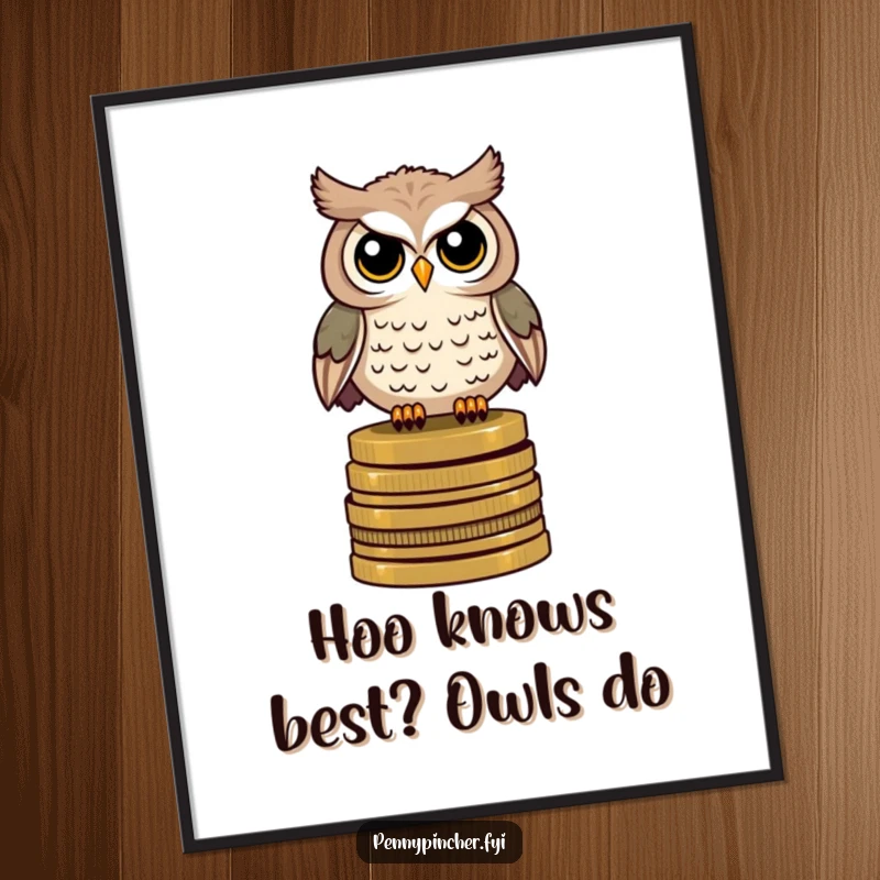 Funny Free Printable Wall Art: A keen-eyed owl perched wisely on a substantial stack of antique coins, guarding its riches.