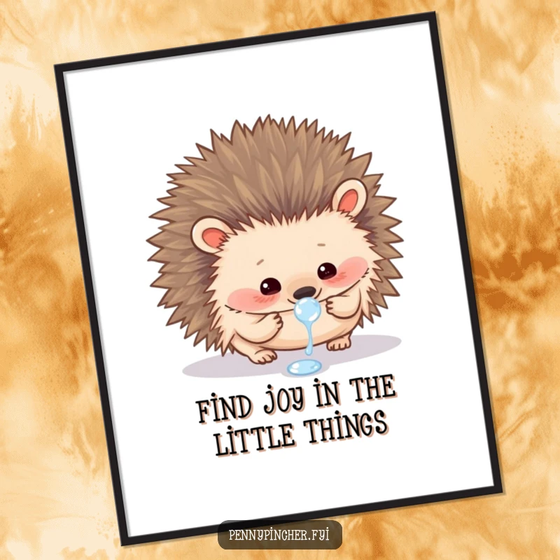 Funny Free Printable wall art of a curious hedgehog carefully examining a single sparkling dewdrop with gentle, captivating interest.