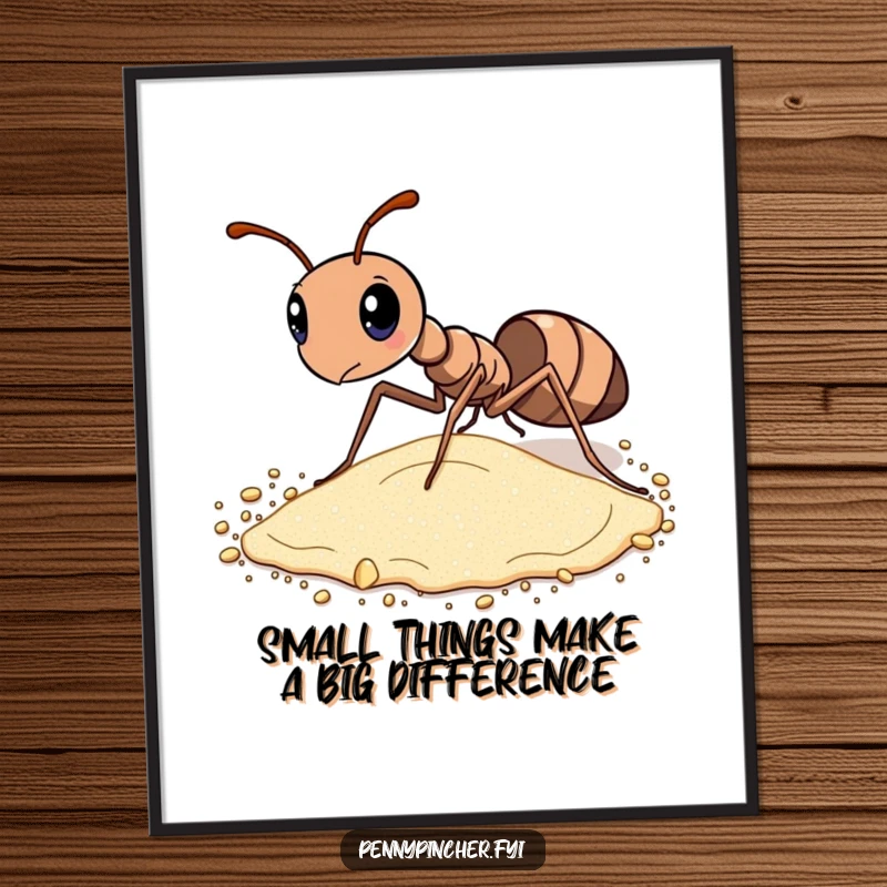 Funny Free Printable wall art of a diligent ant meticulously sorting grains of sand by size with intense concentration.