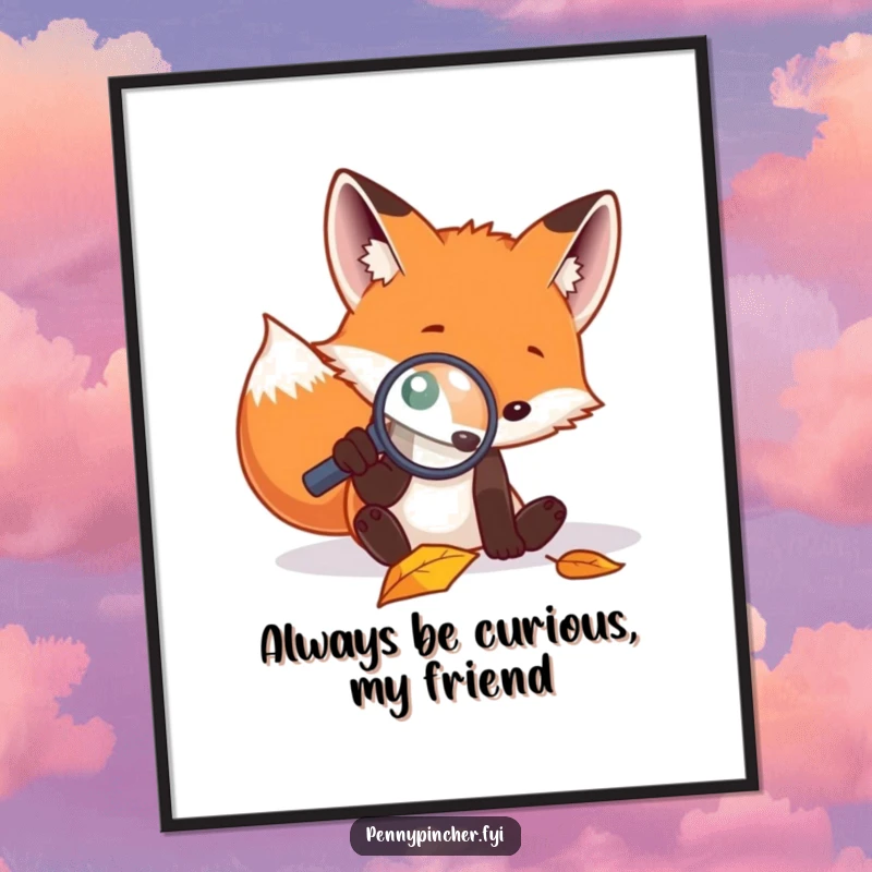 Funny Free Printable wall art of a focused fox using a magnifying glass to meticulously examine a fallen leaf with intense curiosity.
