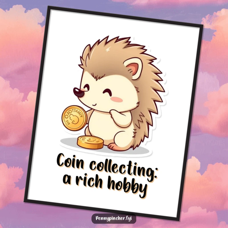 Funny Free Printable Wall Art: Hedgehog meticulously polishes a single shiny coin, radiating wealth and humor.