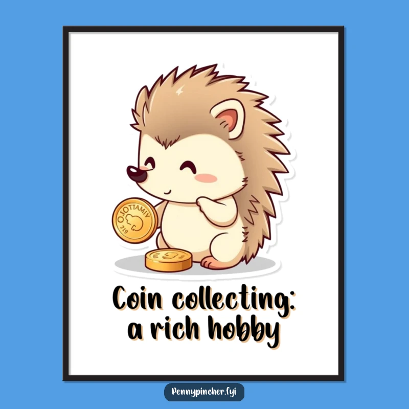 Funny Free Printable Wall Art: Hedgehog Polishing Coin for Wealthy Vibes