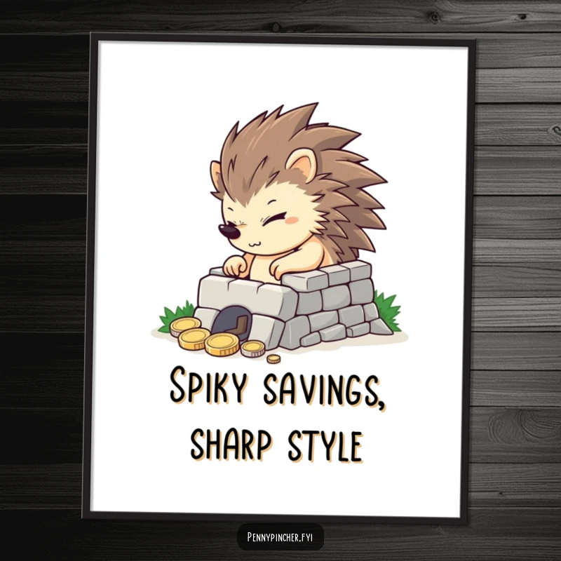 Funny free printable wall art: A determined hedgehog stands guard over a small, meticulously built fortress of coins, a symbol of industriousness.