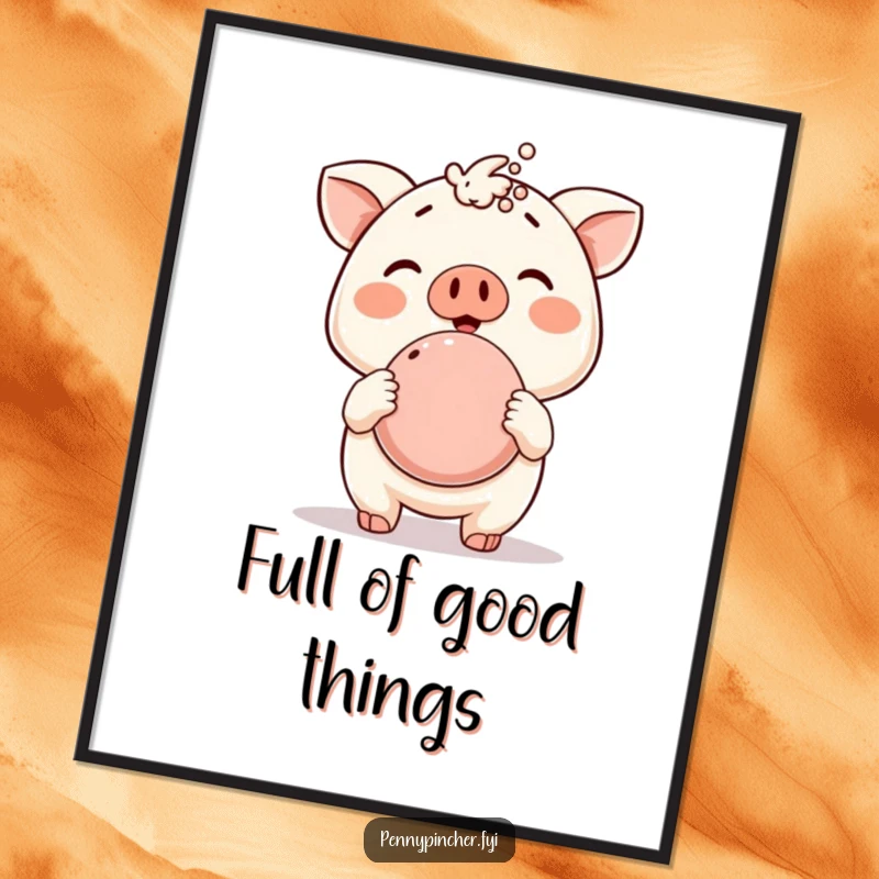 Funny Free Printable Wall Art: Cartoon animal proudly showing off a tiny piggy bank that is overflowing with coins, a symbol of abundance.