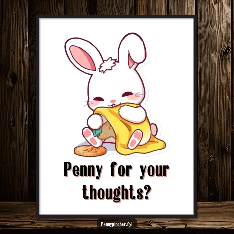 Funny Free Printable Wall Art shows a rabbit character meticulously polishing a small, shiny penny with a dedicated cloth and expression.