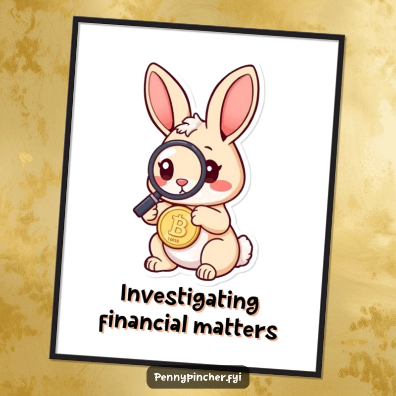 Funny Free Printable Wall Art: Rabbit with a magnifying glass intently examines a shiny coin, full of wonder.