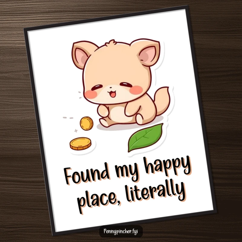 Funny Free Printable Wall Art: A relieved animal character expresses pure joy upon discovering a lost coin under a leaf.