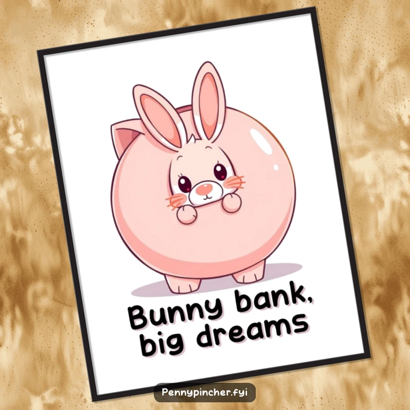 Funny free printable wall art: A bashful rabbit peeks from behind a comically large piggy bank, adding whimsy to your decor.