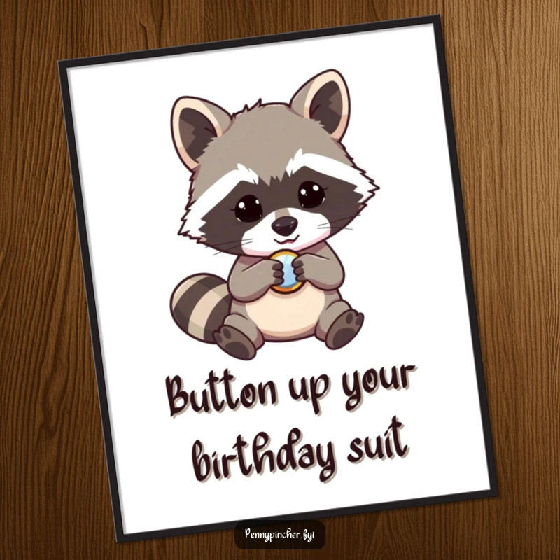 Funny free printable wall art, a mischievous raccoon mesmerized by a shiny button, quirky home decor.