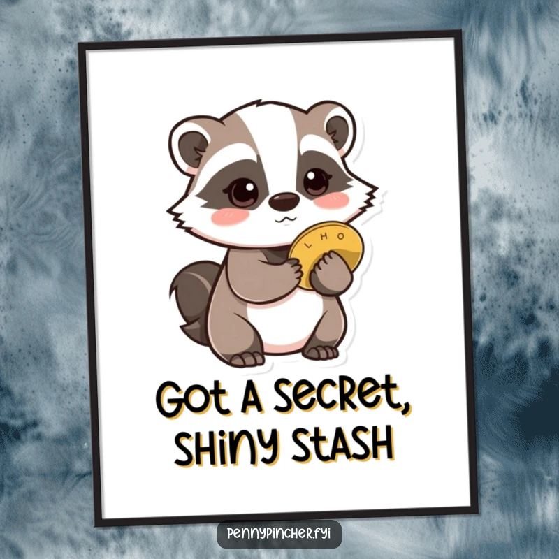 Funny Free Printable Wall Art featuring a cautious badger character hiding a single shiny coin behind its back, a guarded moment.