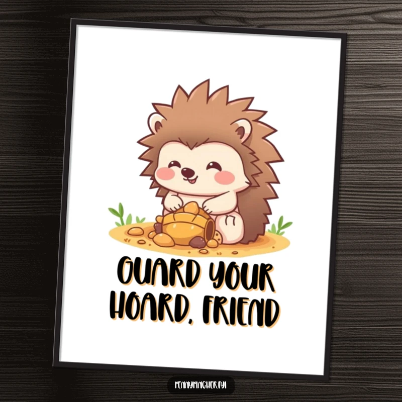 Funny Free Printable Wall Art: A charming hedgehog proudly guards a dazzling pile of treasure, adding whimsy to any room.