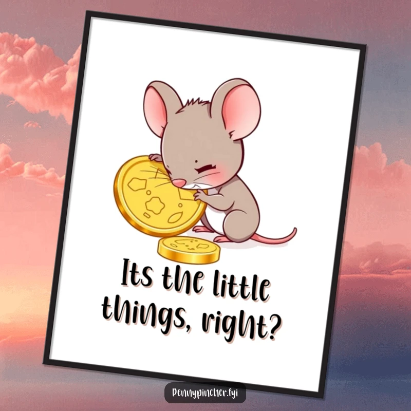 Funny Free Printable Mouse Wall Art: A mouse character meticulously examining a single, shiny gold coin with great interest.