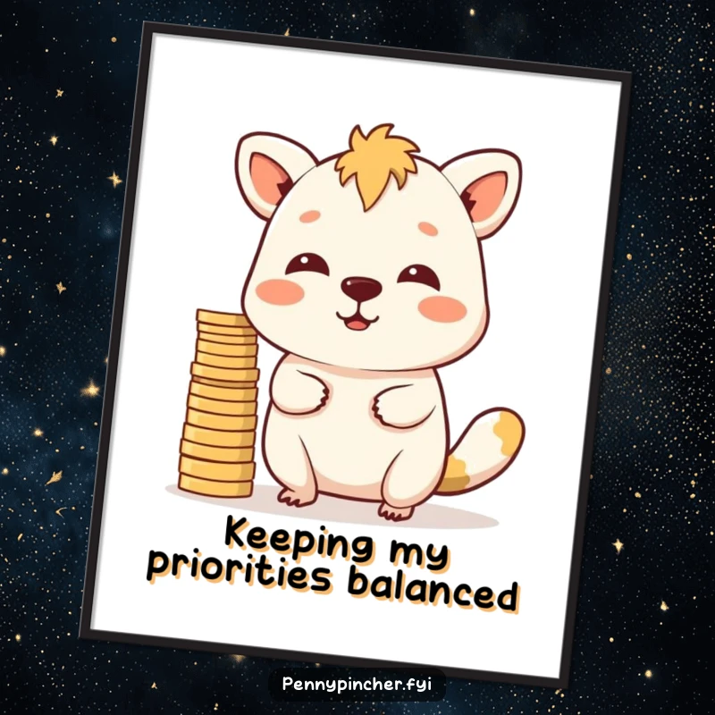 Funny Free Printable Wall Art: A determined animal character masterfully balances a large stack of coins on its nose.